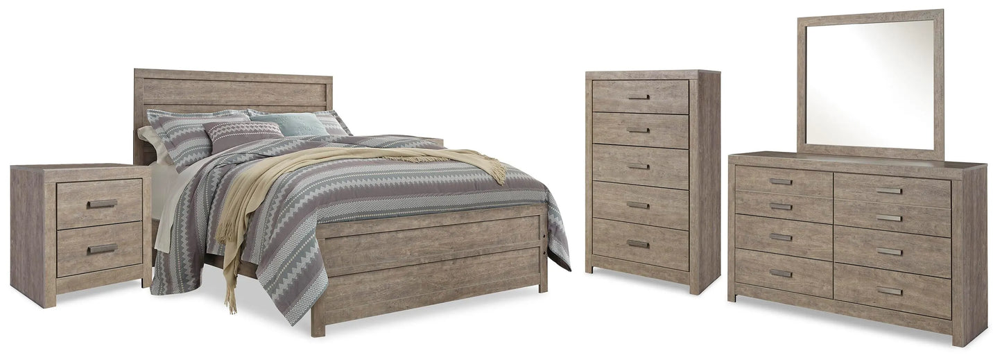 Cama Queen Culverbach con paneles, tocador, espejo, cómoda y dos mesitas de noche