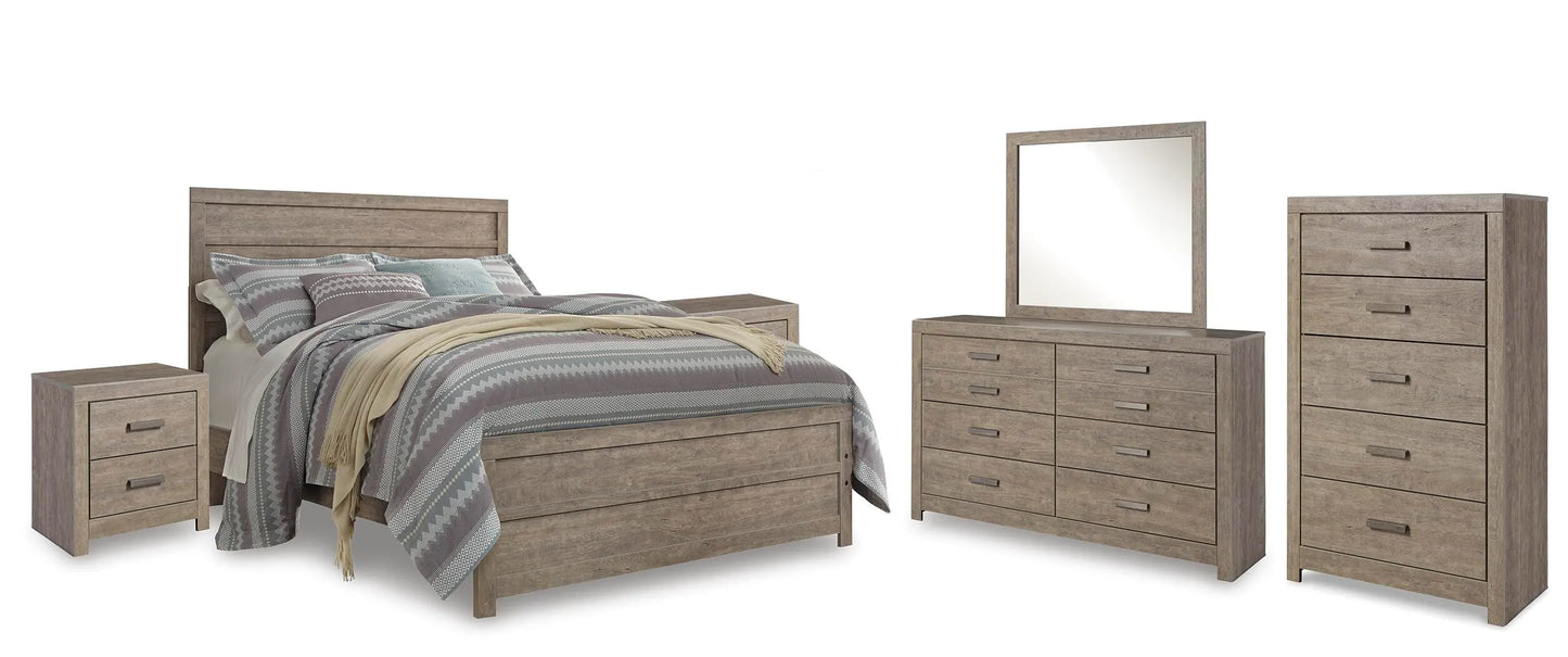 Cama Queen Culverbach con tocador, espejo, cómoda y dos mesitas de noche
