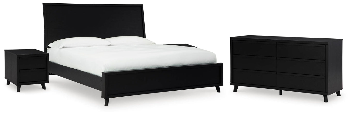 Cama King Danziar con paneles, cómoda y dos mesitas de noche