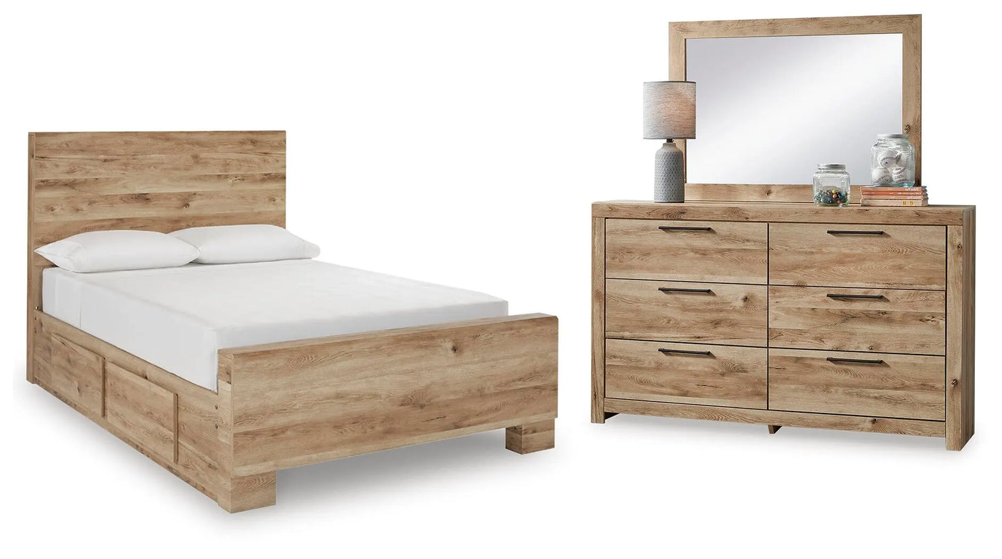 Cama Hyanna con paneles completos, dos compartimentos laterales, tocador y espejo