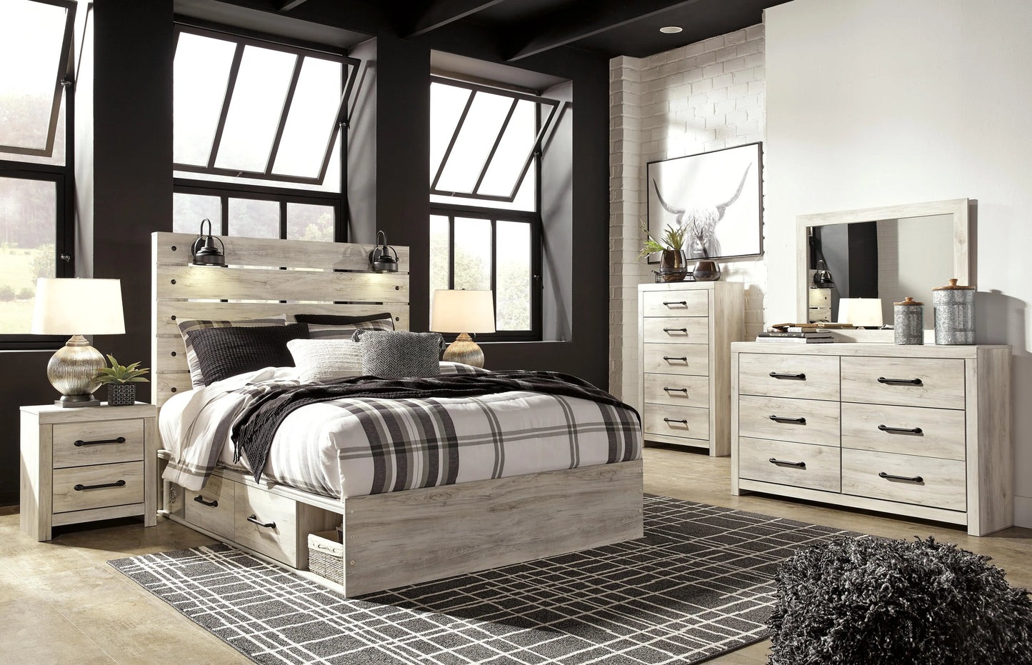 Cama Queen Cambeck con espacio de almacenamiento, tocador, espejo y dos mesitas de noche