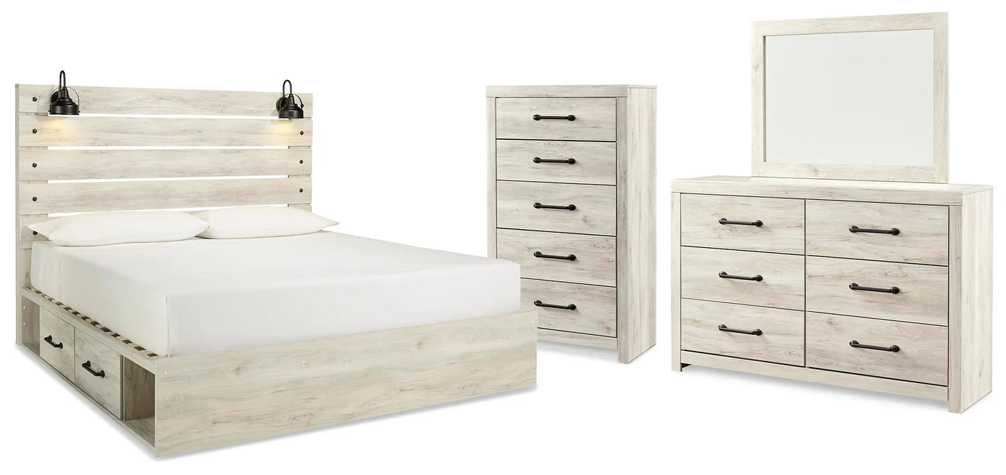Cama King Cambeck con paneles, espacio de almacenamiento, tocador, espejo y cómoda
