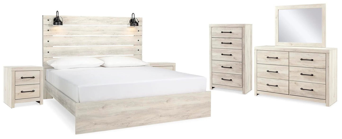 Cama King Cambeck con paneles, tocador, espejo, cómoda y dos mesitas de noche