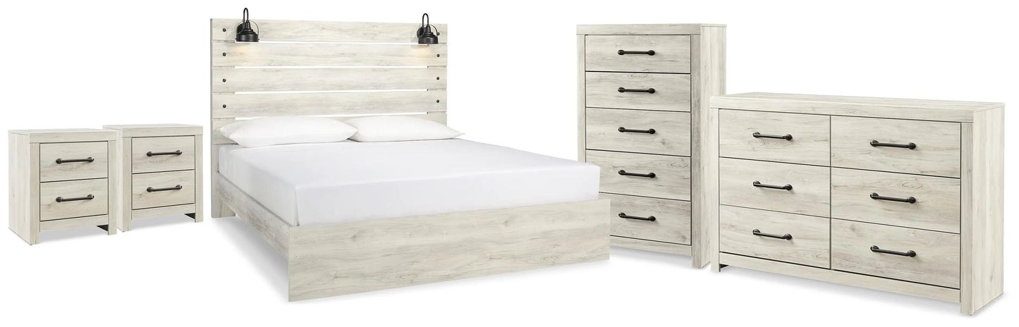 Cama King Cambeck con paneles, cómoda, arcón y dos mesitas de noche
