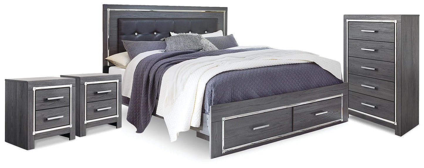 Cama King con almacenaje Lodanna, cómoda y dos mesitas de noche
