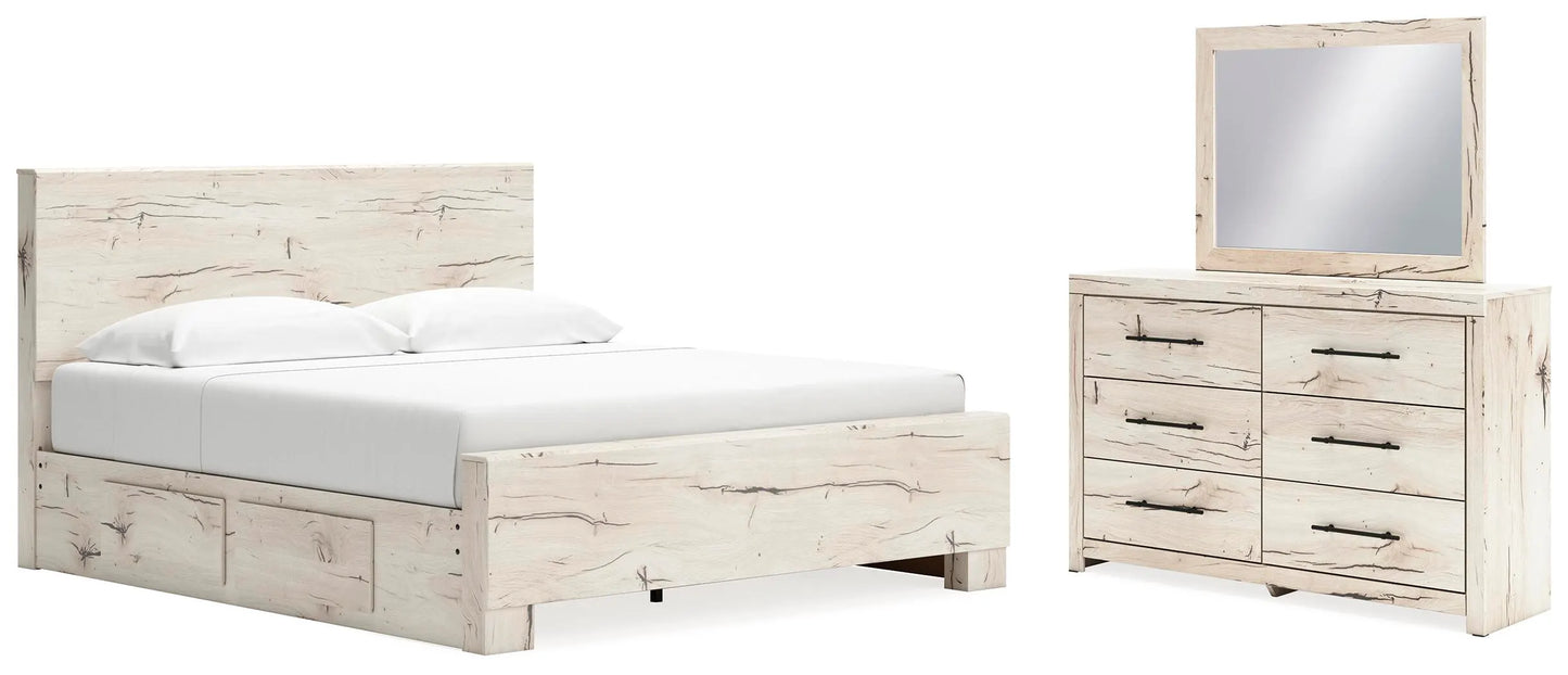 Cama King con paneles Lawroy, espacio de almacenamiento, tocador y espejo