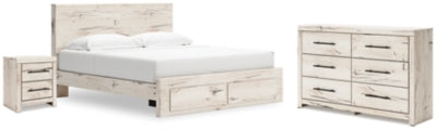 Cama King con almacenaje, cómoda y mesita de noche Lawroy