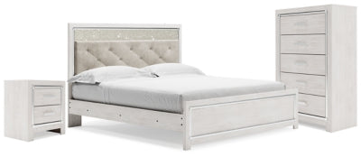 Cama King Altyra con paneles, cómoda y dos mesitas de noche
