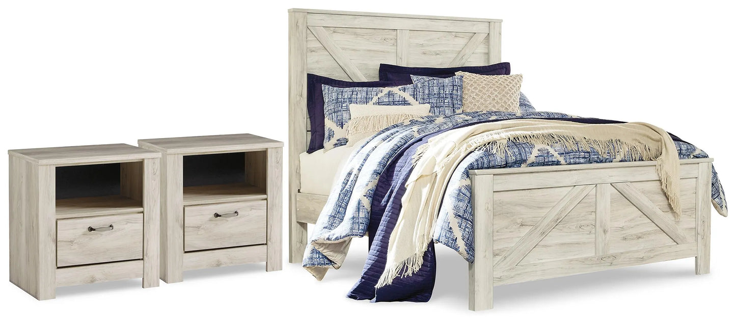 Cama Queen Bellaby con paneles Crossbuck y dos mesitas de noche