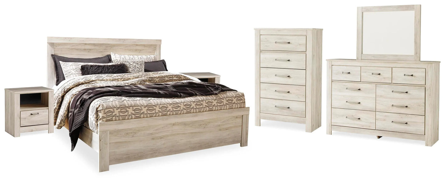 Cama Bellaby King con paneles, tocador, espejo, cómoda y dos mesitas de noche