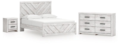 Cama Queen Cayboni con paneles, cómoda y mesita de noche