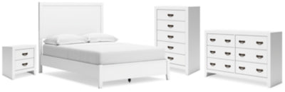 Cama completa con paneles, cómoda, arcón y mesita de noche Binterglen
