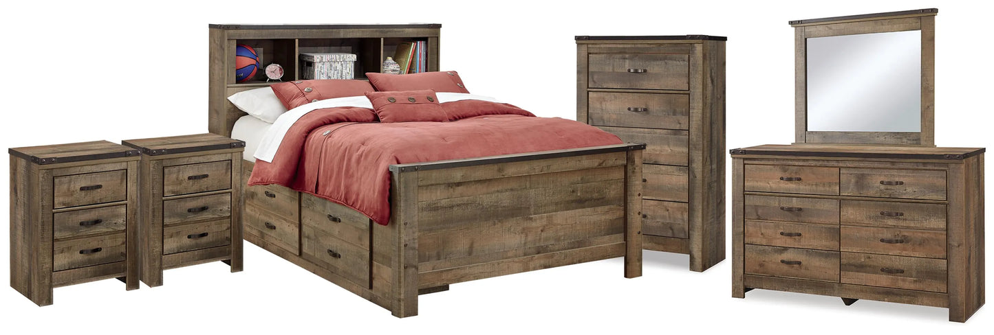 Estantería Trinell con almacenaje, cama, tocador, espejo, cómoda y dos mesitas de noche
