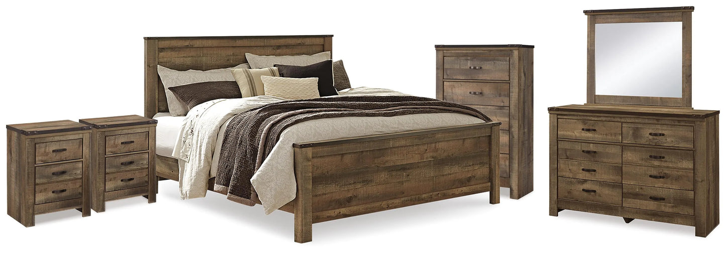 Cama Trinell King con paneles. Cómoda, espejo, cómoda y dos mesitas de noche.