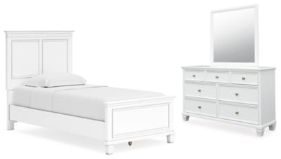Cama doble Fortman con paneles, cómoda y espejo