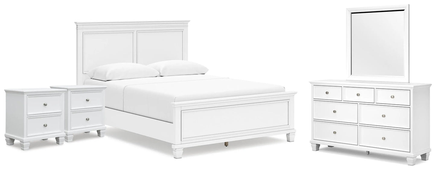 Cama Fortman Queen con paneles, tocador, espejo y dos mesitas de noche