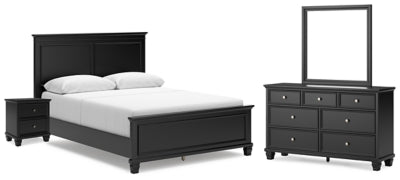 Cama Queen Lanolee con paneles, tocador, espejo y mesita de noche