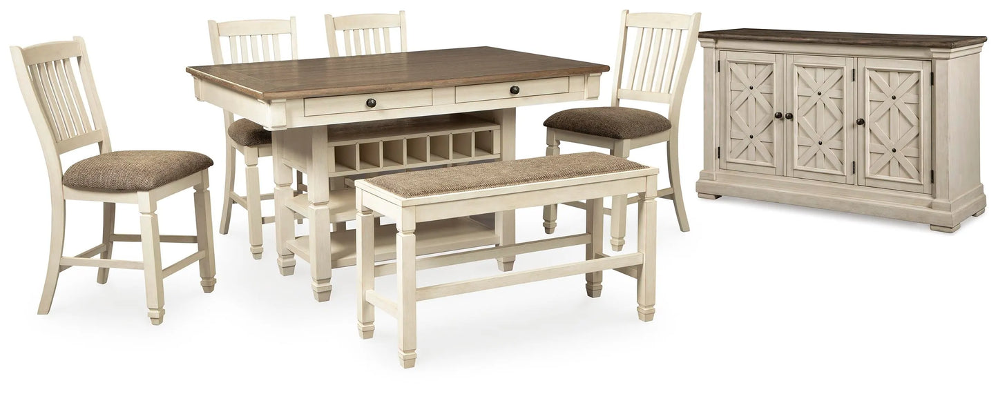 Mesa de comedor Bolanburg de altura de mostrador, 4 taburetes, banco y servidor