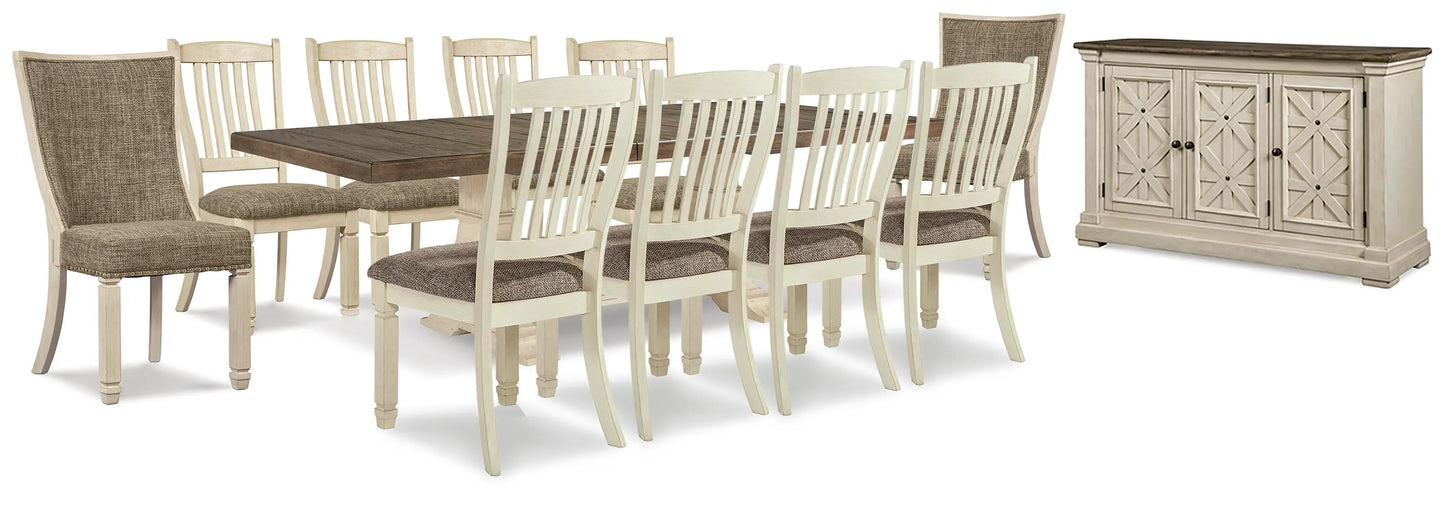 Mesa extensible de comedor Bolanburg, 10 sillas y servidor