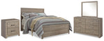Cama Queen Culverbach con paneles, tocador, espejo y mesita de noche