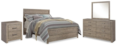 Cama Queen Culverbach con paneles, tocador, espejo y mesita de noche