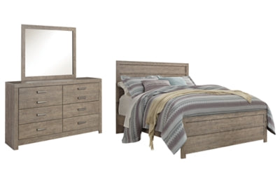 Cama Queen Culverbach con paneles, cómoda y espejo
