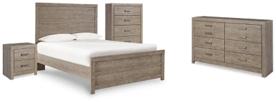 Cama completa Culverbach con panel, cómoda, arcón y mesita de noche