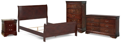 Cama Queen tipo trineo Alisdair, tocador, espejo, dos cómodas y dos mesitas de noche