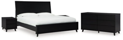 Cama King Danziar con paneles, cómoda y dos mesitas de noche