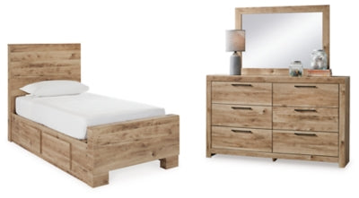 Cama Hyanna Twin con paneles, espacio de almacenamiento en un lado, tocador y espejo