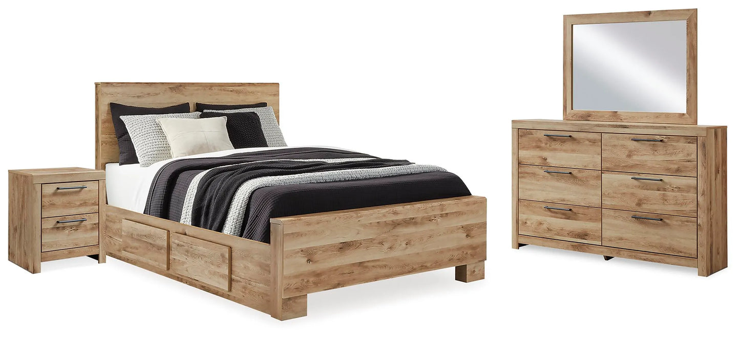 Cama Queen Hyanna con paneles, espacio de almacenamiento, tocador, espejo y mesita de noche