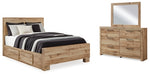 Cama Queen Hyanna con dos cajones laterales, cómoda y espejo