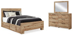 Cama Queen Hyanna con dos cajones laterales, cómoda y espejo