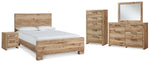 Cama Queen Hyanna con paneles, tocador, espejo, cómoda y mesita de noche