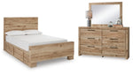 Cama Hyanna con paneles completos, dos compartimentos laterales, tocador y espejo