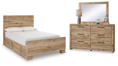 Cama Hyanna con paneles completos, dos compartimentos laterales, tocador y espejo