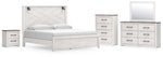 Cama King con paneles Gerridan, tocador, espejo, cómoda y mesita de noche