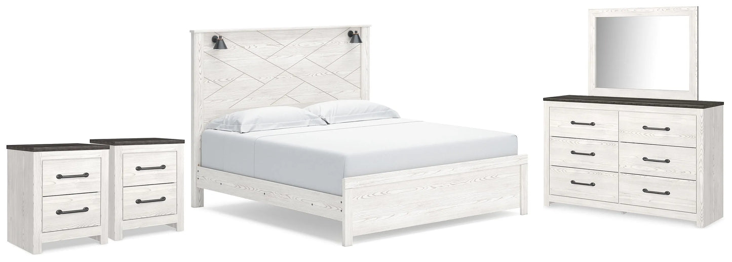 Cama Gerridan King con paneles, tocador, espejo y dos mesitas de noche