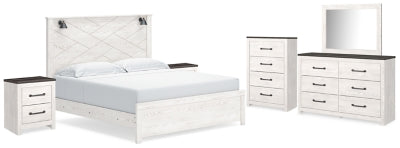 Cama Gerridan King con paneles, tocador, espejo, cómoda y dos mesitas de noche