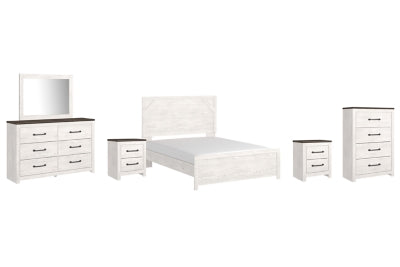 Cama Queen Gerridan con paneles, tocador, espejo, cómoda y dos mesitas de noche