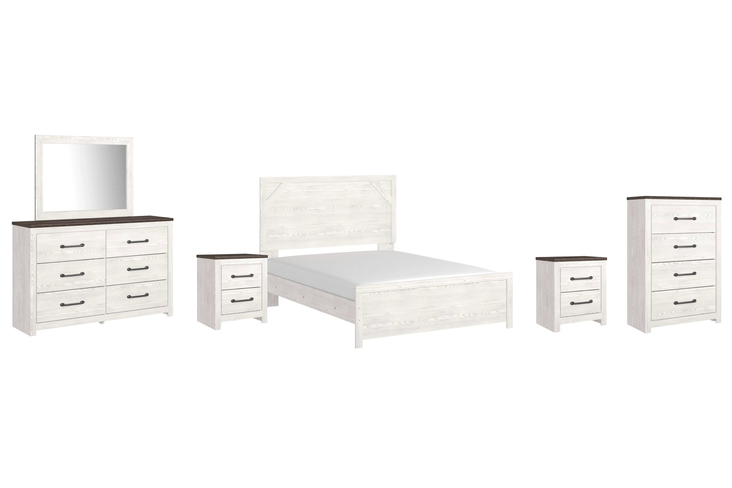 Cama Queen Gerridan con paneles, tocador, espejo, cómoda y dos mesitas de noche