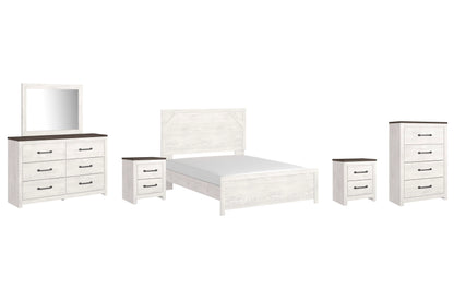 Cama Queen Gerridan con paneles, tocador, espejo, cómoda y dos mesitas de noche