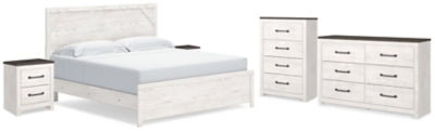 Cama King Gerridan con paneles, cómoda, arcón y dos mesitas de noche