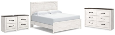 Cama King Gerridan con paneles, cómoda y dos mesitas de noche