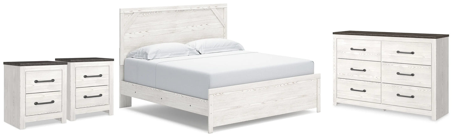 Cama King Gerridan con paneles, cómoda y dos mesitas de noche