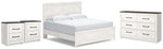 Cama King Gerridan con paneles, cómoda y dos mesitas de noche