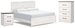 Cama King con paneles, cómoda y mesita de noche Gerridan