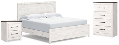 Cama King con paneles, cómoda y mesita de noche Gerridan