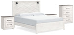 Cama King con paneles Gerridan, cómoda y dos mesitas de noche