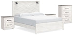 Cama King con paneles Gerridan, cómoda y dos mesitas de noche